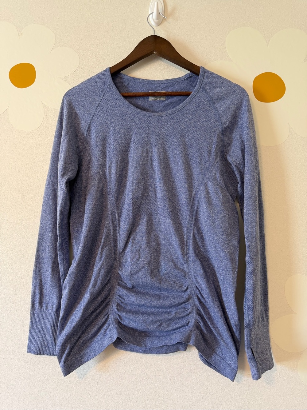 Athleta Soft Heather Blue Ruched Long-Sleeve Fastest Track Shirt